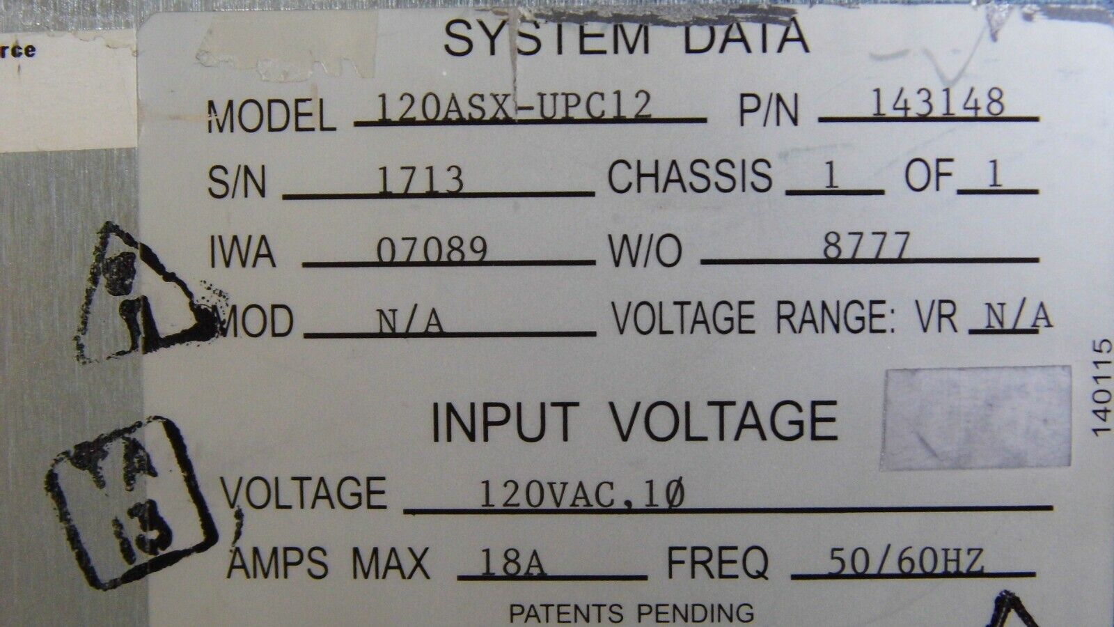 Pacific Power 120ASX-UPC12 2KVA 15-1200Hz 1 phase AC Power Source Pacific Power 120ASX-UPC12 2KVA 15-1200Hz 1 phase AC Power Source